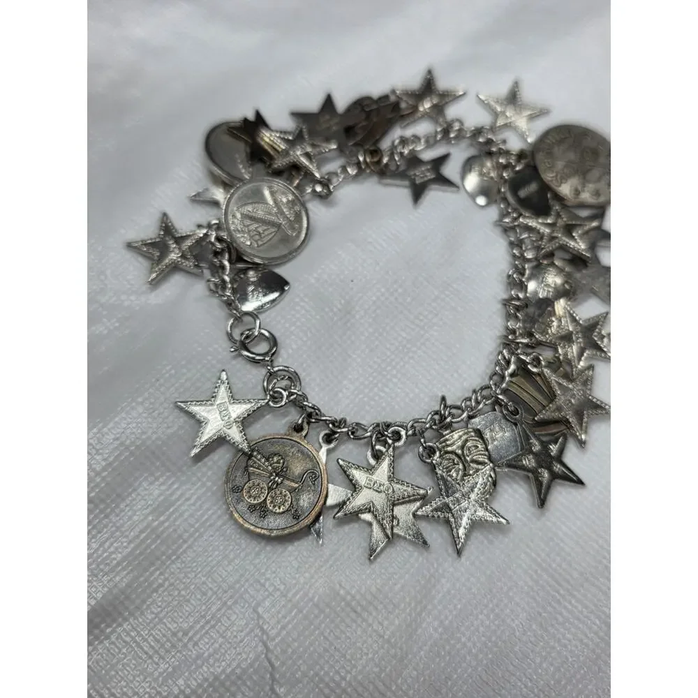 Vintage Beta Sigma Phi Sorority Charm Bracelet Silver Tone Enamel Stars Rose
